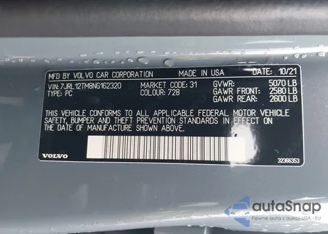 2022 Volvo S60 B5 R-Design z USA, uszkodzony, nr VIN 7JRL12TM8NG162320